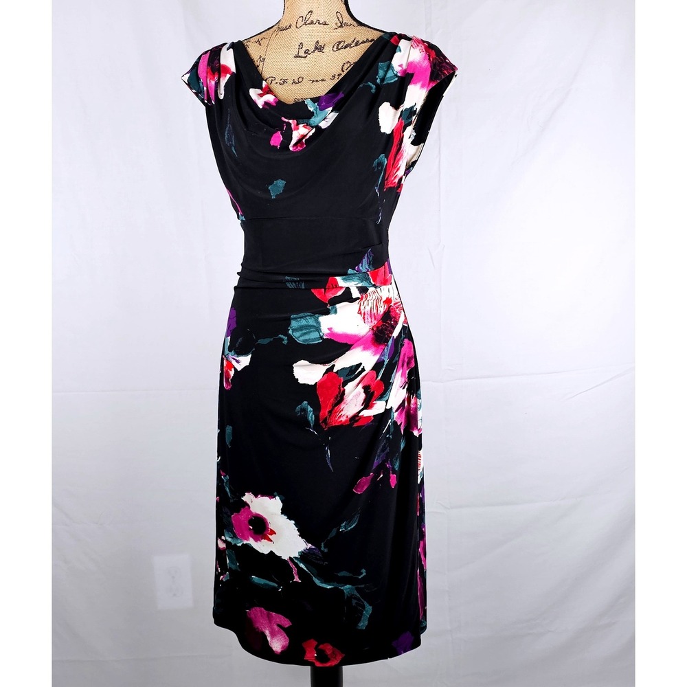 Lauren Ralph Lauren Black Floral Dress Cowl Neck Sleeveless Stretch Jersey Sz.12